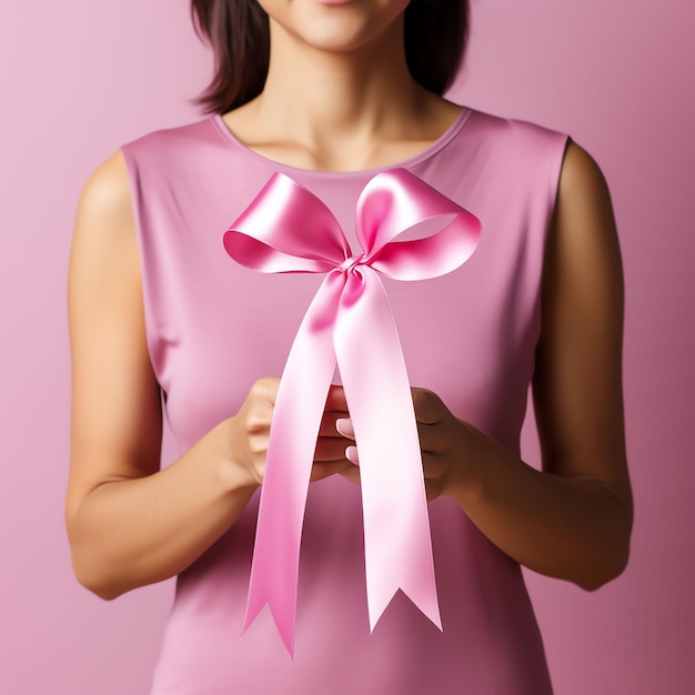 Vue rapprochée d'une main féminine tenant un ruban rose sur fond de cancer du sein