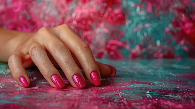 Vue rapprochée d'une main de femme avec des ongles roses sur une table