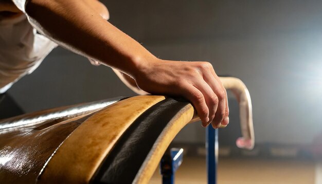 Vue rapprochée de la main d'un gymnaste sur un cheval à pommel