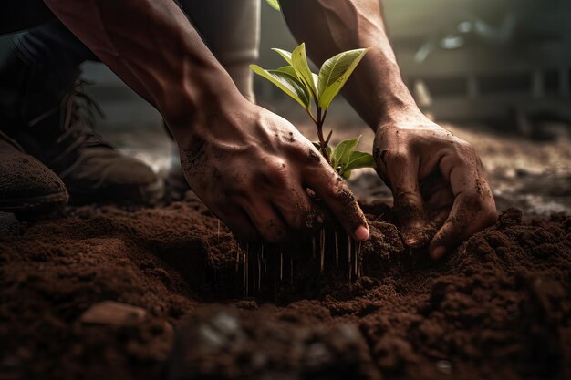 La vue rapprochée d'une main masculine plante un petit arbre dans son jardin