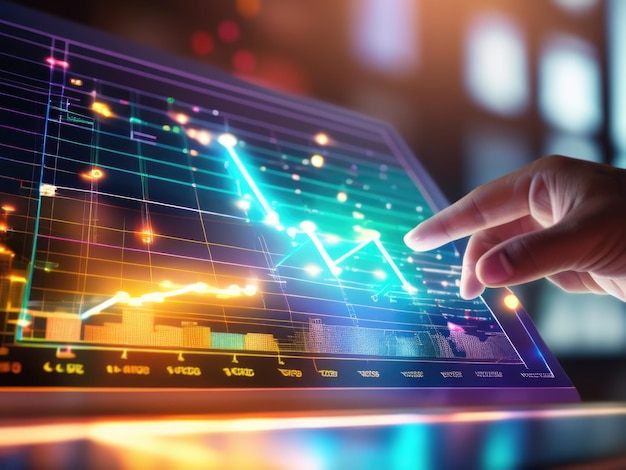 Vue rapprochée d'une main pointant vers un tableau d'affaires lumineux