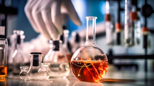 Une vue rapprochée de la main d'un scientifique tenant une fiole entourée de verrerie de laboratoire dans un contexte de laboratoire chimique