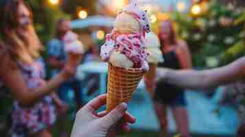 Photo vue rapprochée d'une main tenant un cône de crème glacée avec trois cuillères de glace, de vanille, de fraise et de chocolat