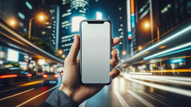 vue rapprochée d'une main tenant élégamment un smartphone avec un écran vide