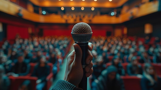 Vue rapprochée de la main tenant le microphone sur scène avec une grande quantité de public devant lui avec de l'espace pour le texte IA générative