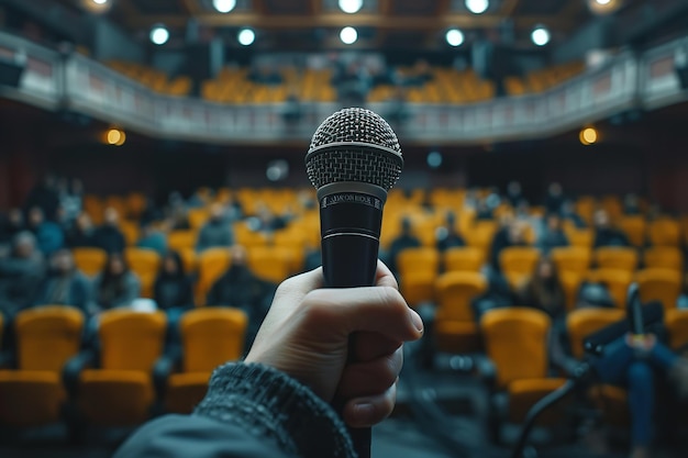 Vue rapprochée de la main tenant le microphone sur scène avec une grande quantité de public devant lui avec de l'espace pour le texte IA générative