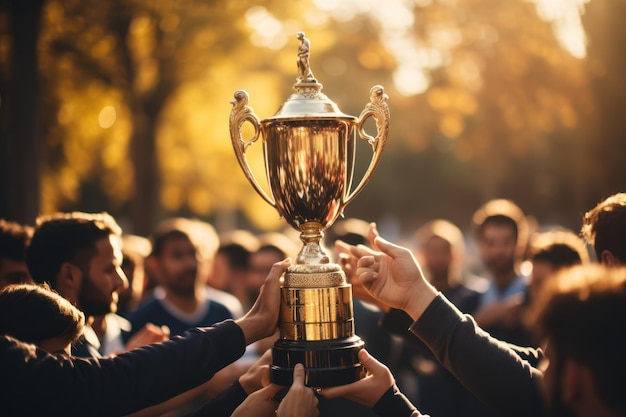 Vue rapprochée de la main tenant le trophée d'or au milieu de diverses images de célébration de l'équipe et de reconnaissance des employés