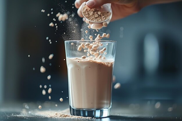 Vue rapprochée d'une main versant de la poudre de protéine dans un verre avec un fond blanc propre avec un grand espace pour le texte ou le produit IA générative