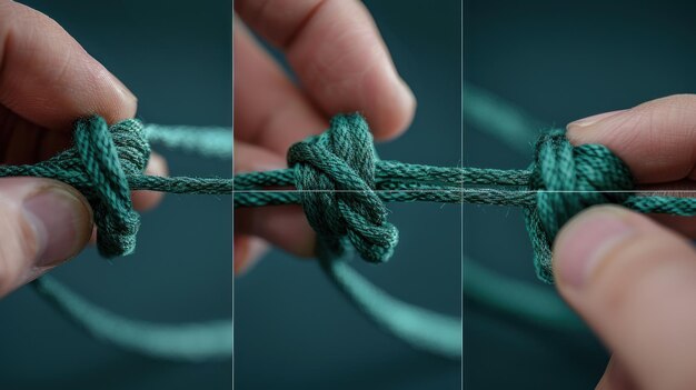 Vue rapprochée des mains attachant un nœud dans une corde verte
