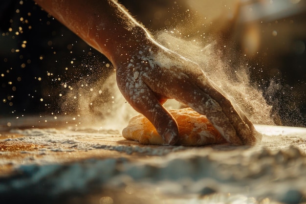 Photo vue rapprochée des mains des boulangers en train de pétrir la pâte avec de la farine sur une surface en bois