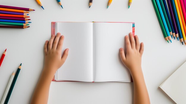 Photo vue rapprochée des mains des enfants avec des livres à colorier et des crayons autour