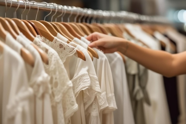 Vue rapprochée de mains féminines arrachées à un étagère en train de choisir des vêtements dans un magasin de vêtements IA générative