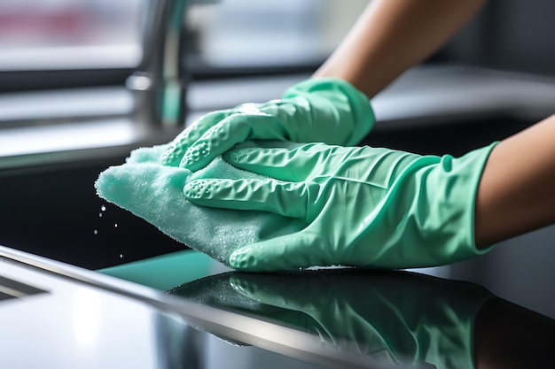 Vue rapprochée des mains féminines dans des gants nettoyant la table de la cuisine avec un chiffon