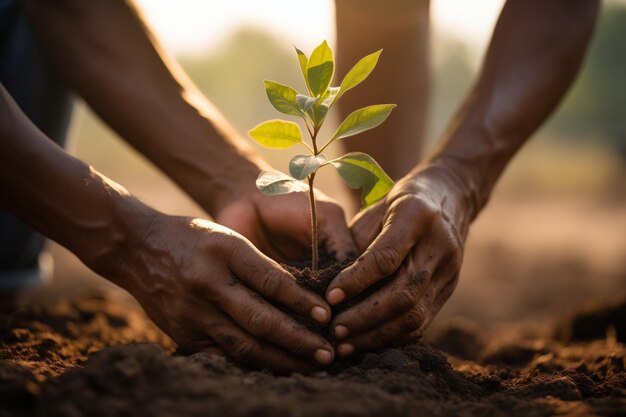 Vue rapprochée des mains d'une femme tenant et soignant une jeune plante verte dans le sol