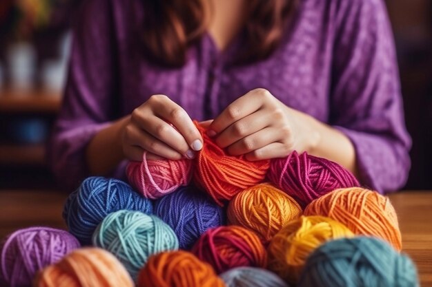 Vue rapprochée de mains de femmes tricotant du fil de laine coloré Photo horizontale en gros plan