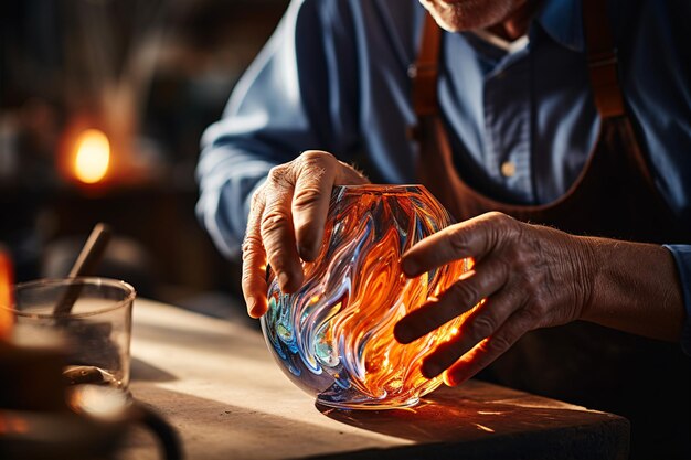 Une vue rapprochée de mains habiles façonnant habilement un délicat récipient en verre fait à la main illustre l'art du soufflage du verre