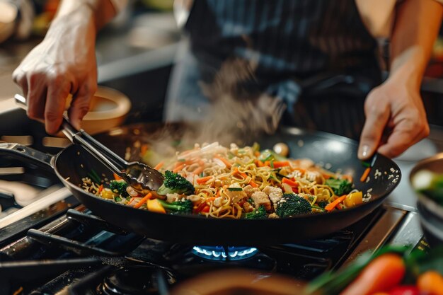 Vue rapprochée des mains de l'homme agitant habilement un mélange coloré de nouilles, de brocoli et de carottes dans un wok noir sur un poêle à gaz avec des ustensiles de cuisine à proximité