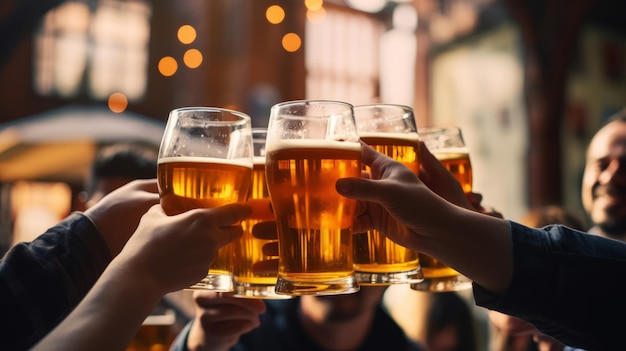 Vue rapprochée des mains des hommes qui font des acclamations avec des verres de bière