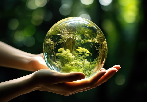Vue rapprochée de mains humaines tenant un globe de verre avec une forêt verte à l'intérieur