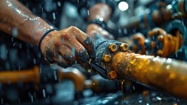 Photo vue rapprochée des mains des ouvriers d'une plate-forme pétrolière ajustant une grande perceuse couverte d'huile et portant des gants de protection