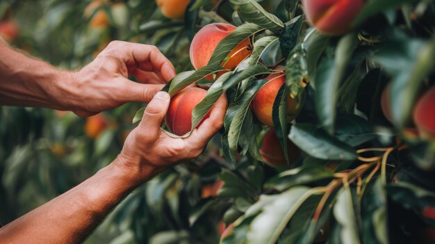 Photo vue rapprochée des mains qui atteignent des pêches mûres sur une branche d'arbre démontrant la précision et la délicatesse requises pour la cueillette des fruits