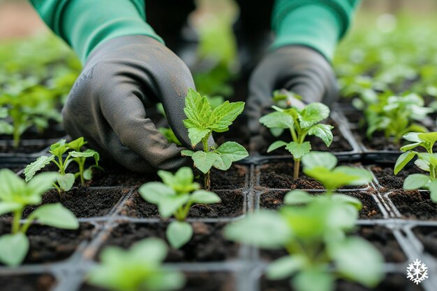 Vue rapprochée des mains qui s'occupent des semis en pot