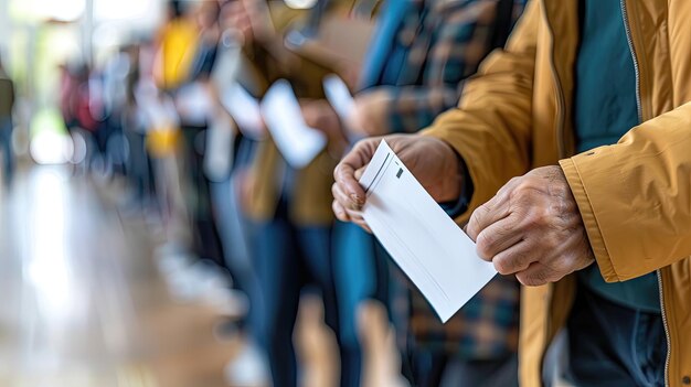 Photo vue rapprochée des mains qui votent avec des gens en file d'attente en arrière-plan