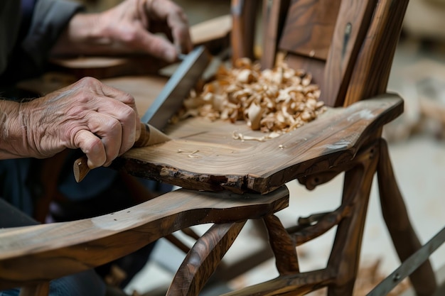 Vue rapprochée de mains sculptant une chaise à bascule en noix