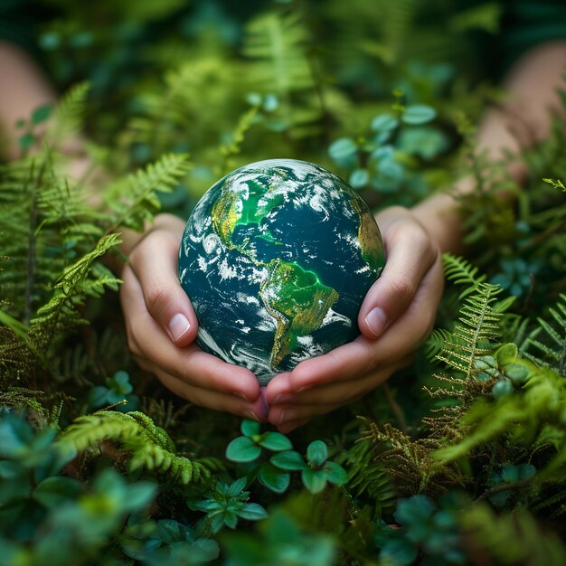 Vue rapprochée de mains tenant doucement un petit globe dans un cadre naturel pour le Jour de la Terre