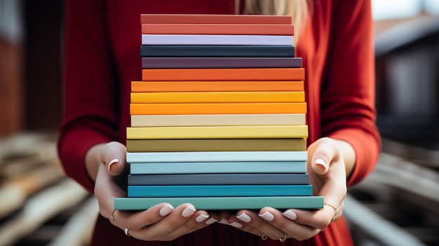 Photo vue rapprochée de mains tenant une pile de livres de couverture de couleur et une brique blanche en arrière-plan