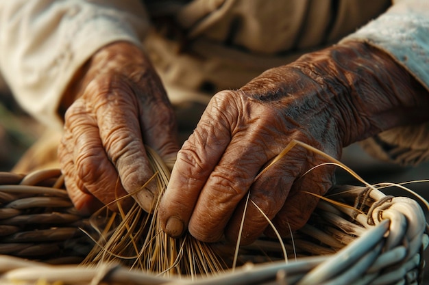 Vue rapprochée des mains tissant un panier de fibres naturelles