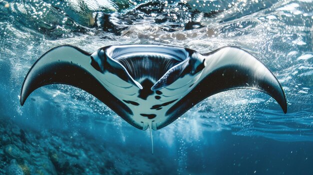 Vue rapprochée d'une majestueuse raies manta glissant sans effort à travers l'eau son énorme envergure d'ailes et