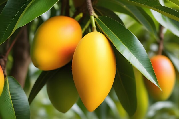 Photo vue rapprochée d'une mangue jaune mûre suspendue à une branche d'arbre avec des feuilles vertes en arrière-plan