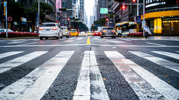 Photo vue rapprochée des marquages routiers et des panneaux de circulation sur une rue animée de la ville guidant les conducteurs en toute sécurité à travers les intersections et les voies de circulation