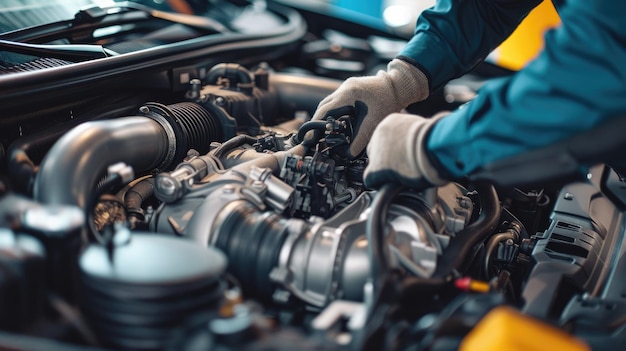 Vue rapprochée d'un mécanicien installant un turbocompresseur dans une voiture de sport.