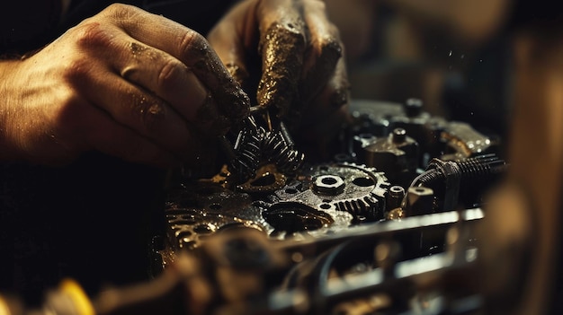 Photo vue rapprochée d'un mécanicien professionnel réparant et réparant à la main une machine