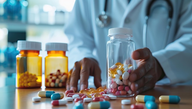 Photo vue rapprochée d'un médecin tenant une bouteille de pilules et de capsules