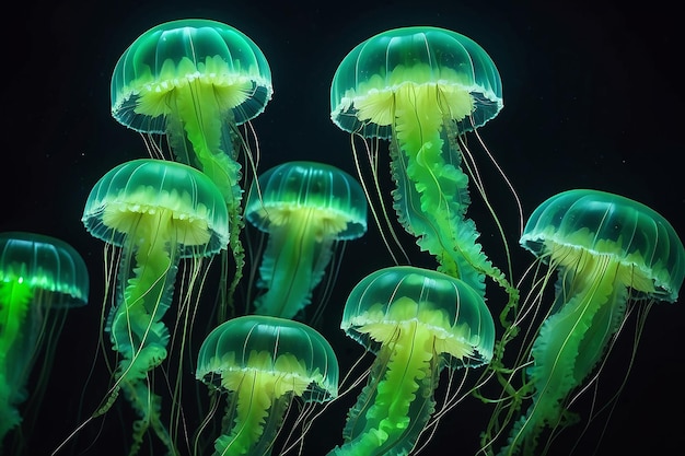 Vue rapprochée de méduses fluorescentes vertes dans l'eau sombre emballées en un groupe serré