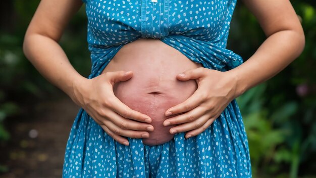 Photo vue rapprochée d'une mère asiatique montrant des vergetures, une peau lâche du bas de l'abdomen, elle est grosse après la grossesse.