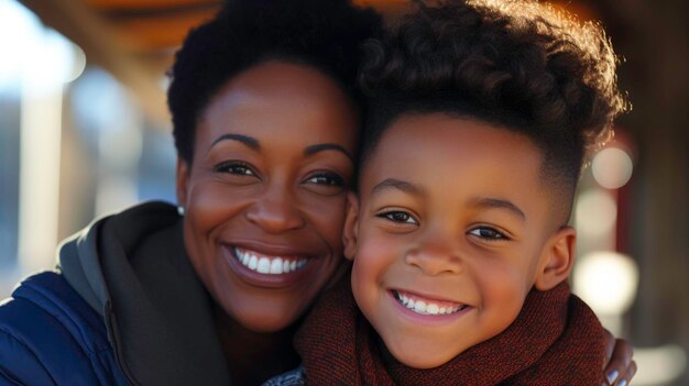 Vue rapprochée d'une mère et d'un fils noirs souriants