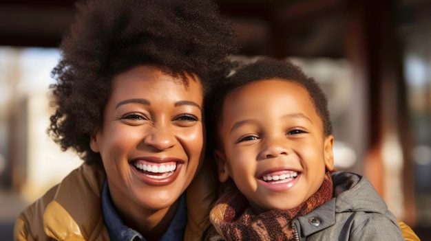 Vue rapprochée d'une mère et d'un fils noirs souriants