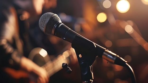 Photo vue rapprochée d'un microphone sur scène avec un musicien flou en arrière-plan