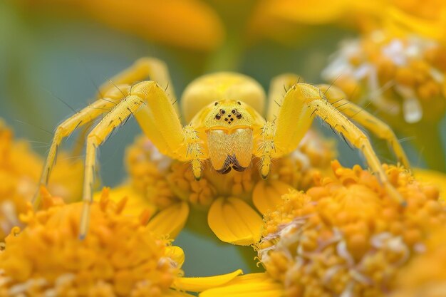 Vue rapprochée de Misumena vatia, une araignée crabe à tige dorée sur une fleur jaune