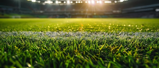 Une vue rapprochée montrant la texture complexe et brillante des épaisses feuilles d'herbe verdoyante qui composent la surface de jeu d'un terrain de football professionnel