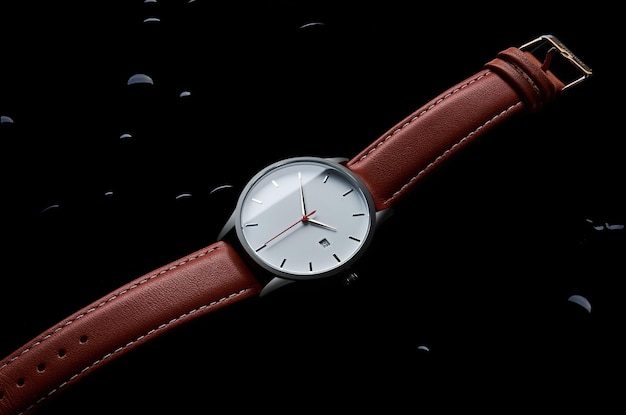 Vue rapprochée d'une montre au poignet de style classique avec une bande en cuir brun, sur une surface humide et sombre.