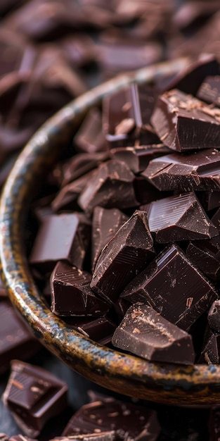 Vue rapprochée des morceaux de chocolat noir dans le bol pour les ingrédients de cuisson Vue verticale