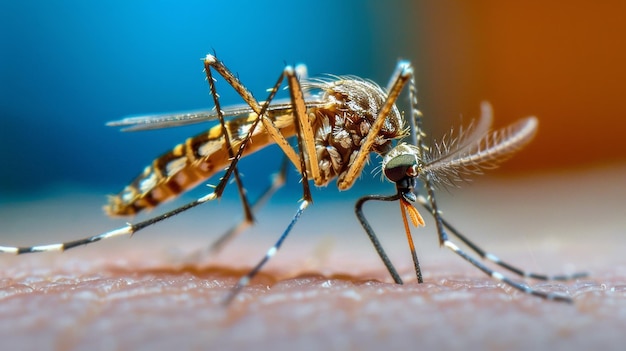 Vue rapprochée d'un moustique mordant la peau humaine éclairage détaillé et chaud