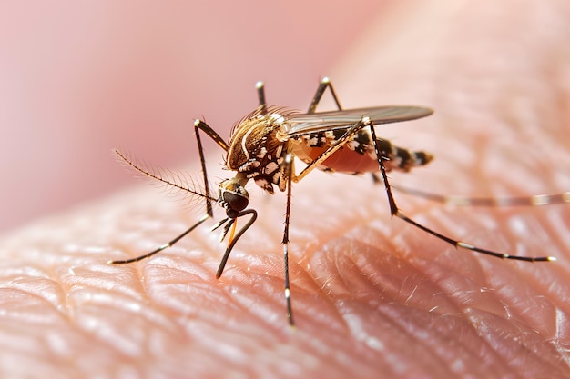 Photo vue rapprochée d'un moustique qui pique la peau humaine