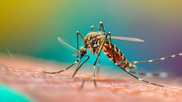 Photo vue rapprochée d'un moustique se nourrissant de la peau humaine sur un fond flou coloré