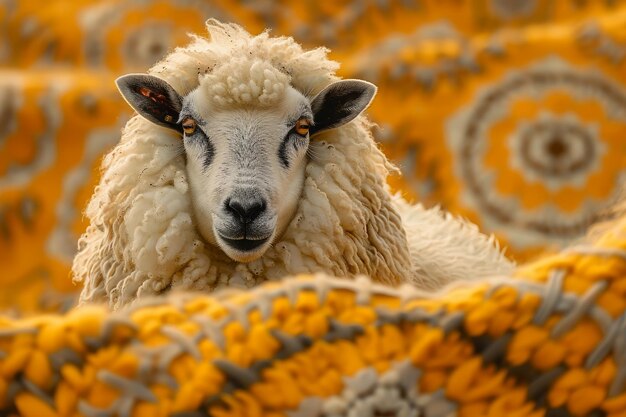 Vue rapprochée d'un mouton blanc moelleux dans le champ doré avec des balles de foin décoratives Scène de la campagne rurale